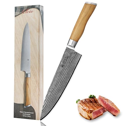 Wakoli Olive Damast Chefmesser – 20 cm Klinge aus 67 Lagen Damaststahl mit VG10-Kern, ergonomischer Olivenholzgriff, scharfes Küchenmesser für Fleisch, Gemüse & Obst, Damastmesser in Geschenkbox von Wakoli