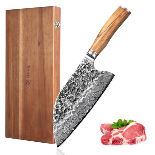 Wakoli Olive HS Damastmesser Chai Dao Kochmesser I 20 cm Klinge gefertigt aus 67 Lagen echtem Damaststahl mit edlem Olivenholzgriff und Hammerschlag I Premium Küchenmesser in edler Holzbox von Wakoli