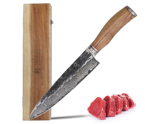 Wakoli Olive HS Damastmesser Chefmesser und Kochmesser I 20 cm Klinge gefertigt aus 67 Lagen edlem Damaststahl mit Olivenholzgriff und Hammerschlag I Premium Küchenmesser in edler Holzbox von Wakoli