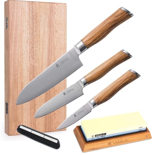 Wakoli Olive 3er Damastmesser-Set mit Ien Klingen von 8,50-17,00cm I gefertigt aus 67 Lagen mit VG10 Kern I Profi Küchenmesser Set aus Damaststahl mit Holzbox & Schleifstein von Wakoli