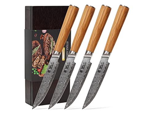 Wakoli Oribu Exklusives 4er Damast Steakmesser-Set, Klingenlänge 12.50 cm mit Olivenholzgriff von Wakoli