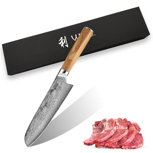 Wakoli Oribu Damastmesser Santoku Messer mit 18cm Klinge gefertigt aus 67 Lagen echtem Damaststahl mit Olivenholzgriff I Premium Damast Küchenmesser und Profi Messer von Wakoli