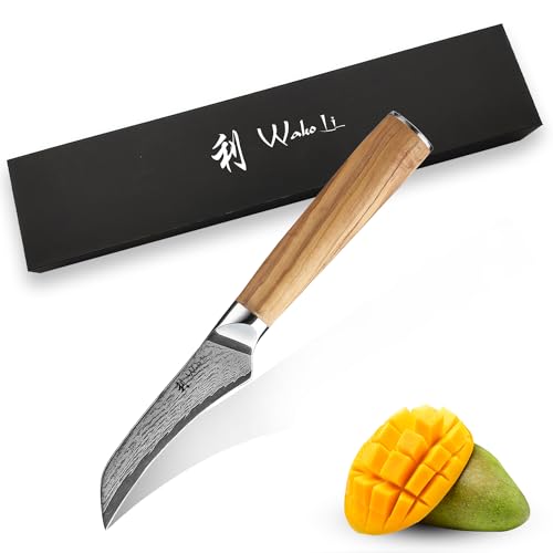 Wakoli Oribu Schälmesser 8,50 cm I Klinge aus 67 Lagen I Damast Küchenmesser und Profi Kochmesser aus echtem Damaststahl mit Griff aus Olivenholz von Wakoli