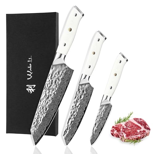 Wakoli Perle Blanche 3er Messerset I Premium Damastmesser (9-18 cm) I 67 Lagen VG10-Stahlkern I Ergonomische G10-Griffe I Geschenkbox inklusive I Scharfe Messer für Fleisch, Fisch, Gemüse & Kräuter von Wakoli