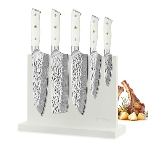 Wakoli Perle Blanche Messerset – 5 Damastmesser mit VG10-Stahlkern & 67 Lagen, inkl. Messerblock, G10-Griffe, Chefmesser, Santoku, Nakiri, Allzweck- & Officemesser, für Hobby- & Profiköche von Wakoli