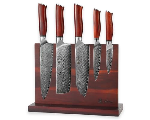 Wakoli Rose Elegance I 6-teiliges Damast Küchemesser-Set mit magnetischem Messerblock & 5 Damastmessern I Klingen von 9-20 cm gefertigt aus Damaststahl mit Griffen aus Rosenholz I Damastmesser-Set von Wakoli