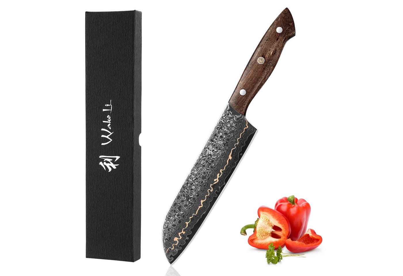 Wakoli Santokumesser Kawa Damast Santoku Küchenmesser Kochmesser 18 cm Klinge mit Kupfer, Damaststahl, Kupfereinlage, VG10 von Wakoli