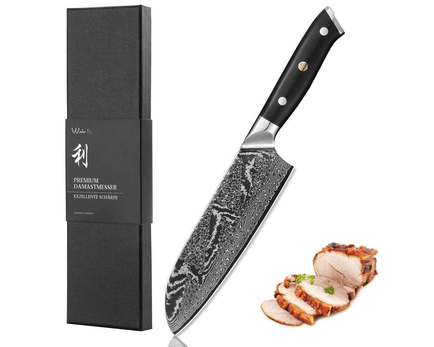 Wakoli Santokumesser Nitoko Damast Santoku Küchemesser 18 cm Klinge, G10-Griff Full Tang, aus 67 Lagen Damaststahl, VG10 Kern, Full Tang von Wakoli