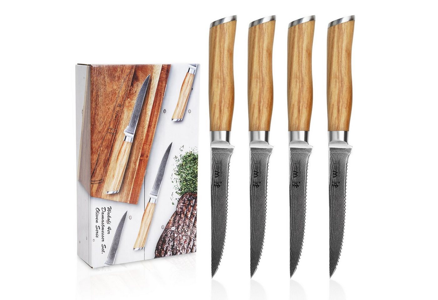 Wakoli Steakmesser Wakoli 4er Damast Steakmesser-Set, Klingenlänge 12,50 cm mit Olivenhol von Wakoli