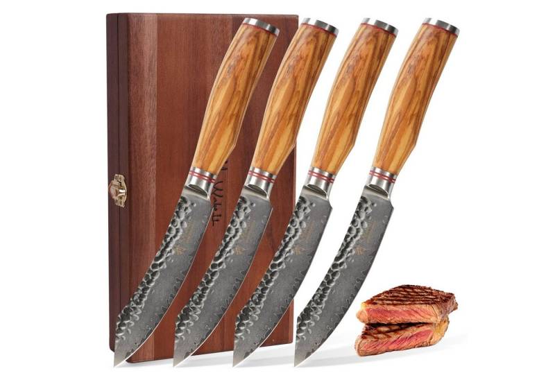 Wakoli Steakmesser 4er Damast Steakmesser-Set I 12,5 cm Klingen I Olivenholzgriffe und von Wakoli