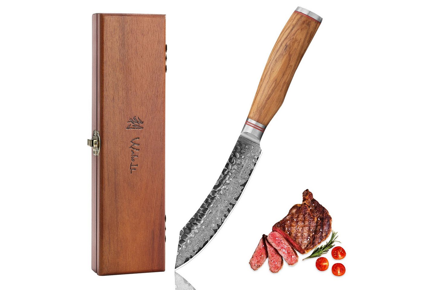 Wakoli Steakmesser aus echtem Damaststahl I 12,5 cm Klinge Hammerschlag Olivenholzgriff von Wakoli