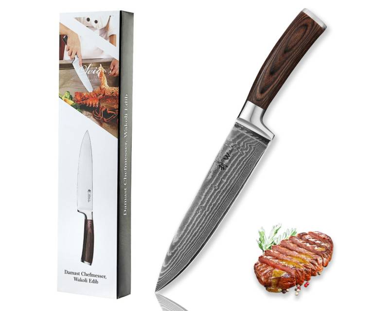 Wakoli Universalküchenmesser EDIB Damast Chefmesser I Kochmesser Küchenmesser I 20cm Klinge, VG10 Kern, 67 Lagen Damaststahl, Pakkaholzgriff, inkl. Geschenkbox von Wakoli