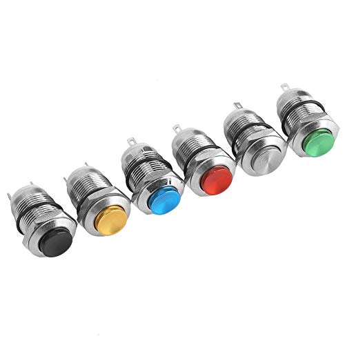 6Pcs Momentary Push Button Switches 12mm IP67 wasserdicht Reset Metal Button ohne Licht 2A/250VAC Blau, Grün, Schwarz, Rot, Gelb, Metallic von Walfront