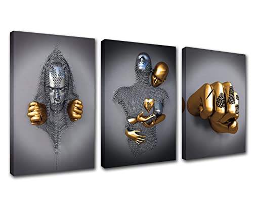 3 Stück Liebesherz 3D Wandkunst Abstrakte Metallfigur Skulptur Leinwand Gemälde Hängende Grau Gold Faust Bild für Badezimmer Dekor Leinwand Wohnstil Fertig zum Aufhängen 106 cm B x 50 cm H von Walarky