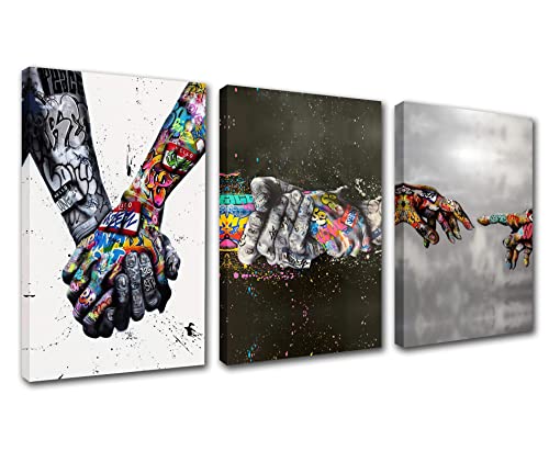 Adam Hand of God Bilder Freundlich Halten Hände Kunst Gemälde Banksy Graffiti Kunst Frieden Hand Wandkunst 3P Wohnzimmer Zuhause Moderne Dekor Holzrahmen Fertig zum Aufhängen Poster und Drucke von Walarky