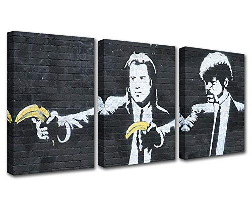 Banana Gun Banksy Wohnzimmer Leinwand Wandkunst, Heimtextilien, 3 Teile, schwarz-weiß, Graffiti Streetart Bild, Pop Art, Wanddekoration, Heimtextilien, Raumwandkunst, gerahmt 106,7 x 50, 8 cm... von Walarky