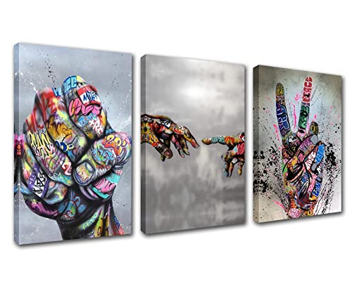 Banksy Graffiti Decor Hand in Hand Bilder Fist inspirierendes Fingers Kunstwerk Banksy Street Art Gemälde nordische Kunst für Wohnzimmer 3 Paneele Kunstdrucke auf Leinwand gerahmt fertig zum Aufhängen von Walarky