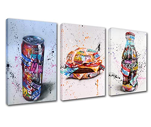 Banksy Graffiti-Dekor, klassische Straßenkunst, Gemälde, Soda Cola, Wandkunst, Bilder, buntes Hamburger-Kunstwerk, 3-teilig, Schlafzimmer, nordische Heimdekoration, gerahmt, fertig zum Aufhängen von Walarky