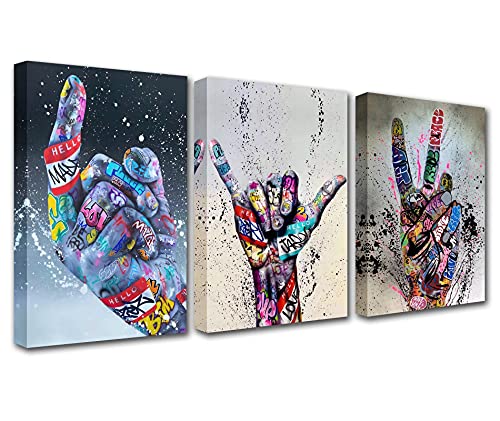 Banksy Graffiti-Kunst-Gemälde, Motiv: Adam Hand des Gottes, klassisches Straßenkunst, Graffiti-Wandkunst, 3-teilig, Druck auf Leinwand, Wohnzimmer, Heimdekoration, gerahmt, fertig zum Aufhängen von Walarky