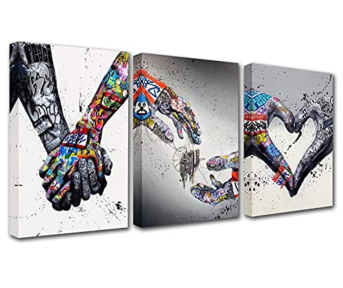 Banksy-Liebhaber halten Hände, Adam Hand of Gods, Pop-Bilder, Graffiti, Straßenkunst, abstraktes Herz, Wandkunst, 3 Paneele, Drucke auf Leinwand, Männerzimmer, Heimdekoration, gerahmt, Aufhängen von Walarky