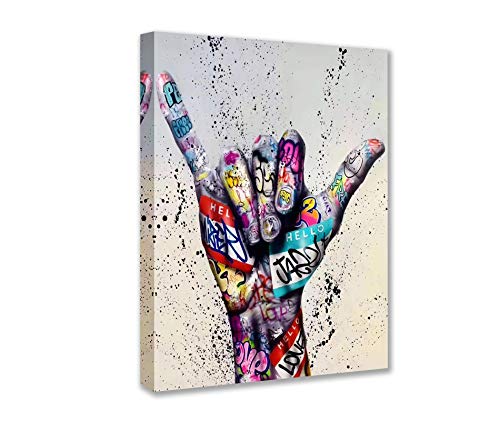 Banksy Street Art Decor Fingerbilder, Graffiti, zwei Finger bedeutet Zahl Sechs, Kunstwerk, 1 Paneel, Leinwand, Wandkunst, Wohnzimmer, nordische Hausdekoration, gerahmt, fertig zum Aufhängen, Poster von Walarky