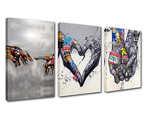 Banksy Street Art Decor Graffiti Hand Bilder halten Hände Pop Gemälde Aamd Hand of God Artwork 3 Paneele Leinwand Wand Kunst Mann Höhle Home Modern Decor Gerahmt fertig zum Aufhängen von Walarky