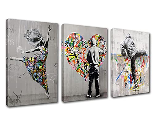 Banksy Street Art Decor Graffiti Leinwand Wandkunst Sexy Tanzende Mädchen Gemälde für Schlafzimmer Ramantic Love Bilder nordische Kunstwerke 3-teilig Heimdekoration gerahmt fertig zum Aufhängen von Walarky