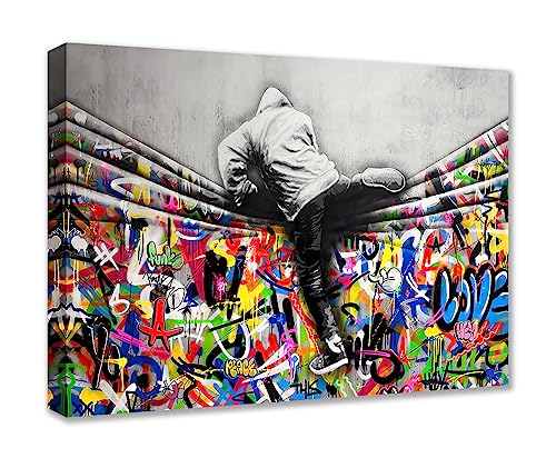 Banksy Street Art Decor Graffiti Männer Gemälde für Schlafzimmer hinter dem Vorhang Bilder nordische Kunstwerke 1 Stück Leinwand Wandkunst Moderne Wohnkultur gerahmt fertig zum Aufhängen Poster und von Walarky