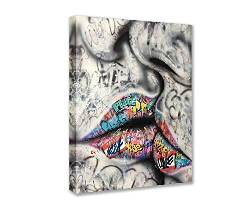 Banksy Street Art Graffiti Romantischer Kuss Bilder Lippen Gemälde Gekritzel Kunstwerk für Wohnzimmer Geschenk 1 Stück Leinwand Wandkunst Nordische Wohnkultur Gerahmt fertig zum Aufhängen Poster von Walarky