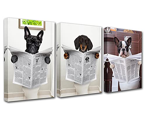 Barthroom-Dekor-Gemälde, Anthropomorpher Hund, 3-teilig, Leinwand, Hund lest, Zeitung, Hund, sitzend auf der Toilette, moderne Heimdekoration mit Giclée-Rahmen, fertig zum Aufhängen, 121 x 61 cm von Walarky