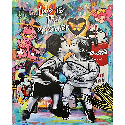 Framed DIY Painting by Numbers for Adults on Canvas Banksy Street Art Wall Decor Love is The Answer Graffiti Paintings Little Boy and Girl Kiss Pictures Artwork Home Decor for Living Room(Framed) von Walarky