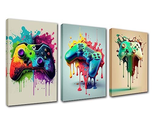 Gamepad Wandkunst Poster Junge Zimmer Bild Kunst Kreative Abstrakte Leinwand 3 Stück Gemälde Drucke Kunstwerk für Home Office Decor Beste Gamer Geschenke Holzrahmen Einfach aufzuhängen 60"Wx28" H von Walarky