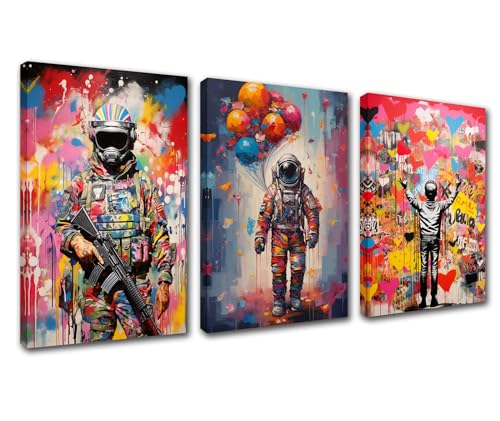 Graffiti-Druck-Poster, Banksy-Wandkunst, Soldat, Astronaut, Luftballon, Junge, jubelnde Leinwand, buntes Kritzelstraßen-Wandbild, Aquarell-Stil für Wohnzimmer, Dekoration, gespannt, einfach von Walarky