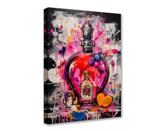 Graffiti-Parfümflaschen-Wandbilder für Wohnzimmer, 1P-Leinwand, Banksy-Flaschen, Parfümbild für Zuhause, Wanddekoration, Geschenke, Galerie, gerahmt, fertig zum Aufhängen, modernes rosa Poster und von Walarky