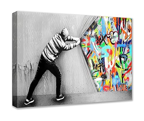 Graffiti-Straßen-Wandkunst, Banksy, Kunstgemälde, Gekritzelbilder hinter dem Vorhang, Kunstwerk für Wohnzimmer, 1 Paneel, Druck, Leinwand, Hausdekoration, gerahmt, Galerie, fertig zum Aufhängen von Walarky
