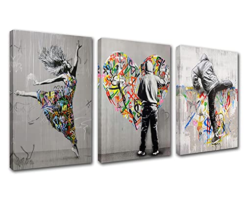 Graffiti Street Wall Art Banksy Art Paintings Dancing Girl Pictures Love Word Artwork for Living Room 3 Panels Red Print on Canvas House Decor Framed von Walarky