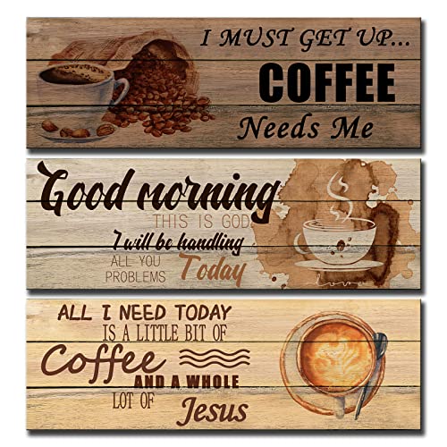 Holzwanddekoration, Retro-Küchenschilder, 3 Stück, All I Need Today is Coffee and Jesus, Holzplanken-Design, Hängeschild, Good Morning This is God, Aquarell-Kaffeetasse, Wandkunst, Heimdekoration von Walarky