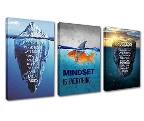 Inspirierendes Unternehmer-Zitat Wandkunst Erfolg Eisberg Gemälde Büro Dekor Mindset is Everything Motivierendes Goldfisch-Poster 3-teilig für Büro Wohnzimmer Gerahmt fertig zum Aufhängen von Walarky