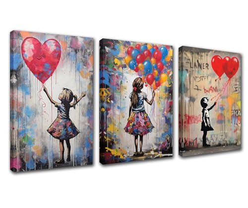 Leinwandbild, Motiv: Mädchen mit Ballon, bunt, Graffiti, Banksy, Wandkunstdrucke, Poster, Raumdekoration, Aquarell-Stil für Wohnzimmer, Zuhause, Wanddekoration, Kunstwerk, gespannt, einfach von Walarky