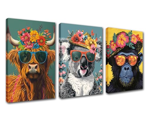 Leinwandbild mit bezaubernden lustigen Tieren, für Wohnzimmer, Dekoration, 3 Stück, Hochlandkuh, Koala, Affe, Sonnenbrille, Wanddekoration, Kunstwerk, Blumen, Tiere, Gemälde, Zuhause, Zimmer, fertig Leinwandbild mit bezaubernden lustigen Tieren, für Wohnzimmer, Dekoration, 3 Stück, Hochlandkuh, Koala, Affe, Sonnenbrille, Wanddekoration, Kunstwerk, Blumen, Tiere, Gemälde, Zuhause, Zimmer, fertig von Walarky