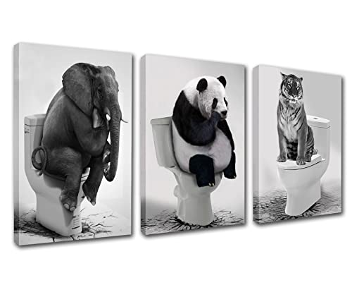 Lustige Badezimmer-Dekoration, Schwarz-Weiß, 3-teilig, Wandkunst, Tiger Panda, Elefant auf der Toilette sitzend, Tiere, Poster, Humor, Wanddekoration, gerahmt, gespannt, fertig zum Aufhängen, von Walarky