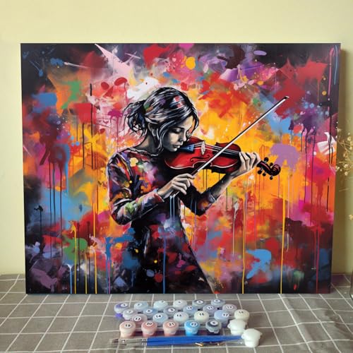 Malen-nach-Zahlen-Set mit einer Dame, die die Violine spielt, für Erwachsene, farbiger abstrakter Hintergrund, DIY-Leinwand, Ölgemälde, Acryl-Pigment-Kits, Graffiti-Stil, Wandkunst, Geschenk, von Walarky