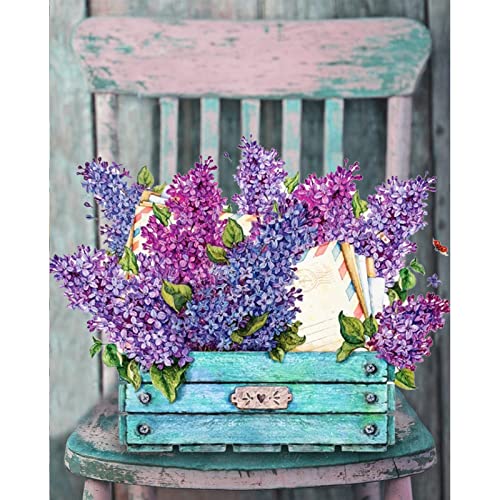 Malen nach Zahlen für Erwachsene Lavendel Blumen DIY Ölgemälde Kits auf Leinwand mit Pinseln und Acrylpigment Vintage Stuhl Blumen in Töpfen Lila Bild für Zuhause Wanddekoration 40x50 cm (rahmenlos) von Walarky