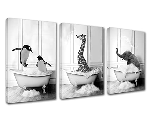 Moderne Wandkunst, schwarz-weiß, 3-teilig, Wandkunst, Dekor, Tierbilder, zwei Pinguine, spielen im Wasser, Kunstwerke Giraffe, Elefant, nehmen Sie ein Bad, Heimdekoration für Wohnzimmer, 122 x 61cm von Walarky