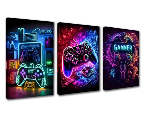 Neon Gamer Bilder Videospielkonsole Kunstwerk im Stil dramatischer Leinwand Wandkunst Bunte Malerei Drucke Poster für Jungenzimmer Büro Arbeitsplatz Home Wanddekoration gestreckt einfach aufzuhängen von Walarky