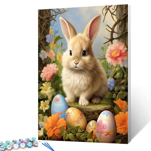 Osterhase mit Blumen und Eiern, Zahlenmalerei, DIY-Bastelsets, Kaninchen, Malen nach Zahlen, Kits mit Pinseln und Acrylpigmenten, Ostertag, realistischer Stil, Heim, Flur, Dekoration, 40,6 x 50,8 cm von Walarky