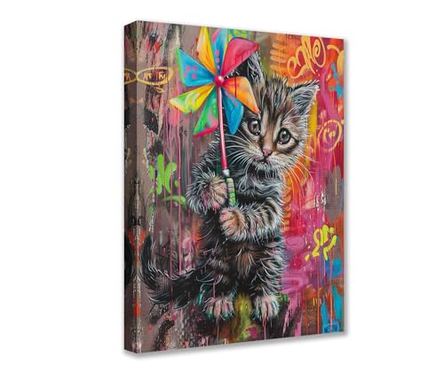 Poster Prints Leinwandbild, Motiv: Das Kätzchen mit Windrad, 1 Stück, Tier-Graffiti, modernes Bild, Kunstwerk für Wohnzimmer, Badezimmer, Heimdekoration, gerahmt, Galerie, fertig zum Aufhängen Poster Prints Leinwandbild, Motiv: Das Kätzchen mit Windrad, 1 Stück, Tier-Graffiti, modernes Bild, Kunstwerk für Wohnzimmer, Badezimmer, Heimdekoration, gerahmt, Galerie, fertig zum Aufhängen von Walarky