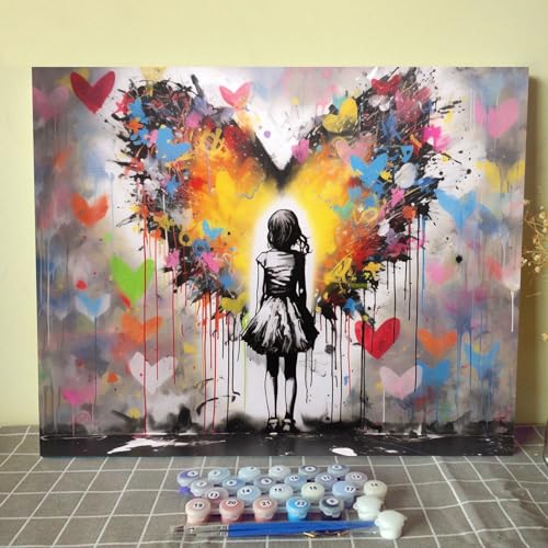 The Girl Looks at The Wall of Love Graffiti Banksy Street Art Ölgemälde nach Zahlen, Kritzelhintergrund, DIY-Digital-Malset für Erwachsene, Anfänger, Leinwand, Gemälde, Handwerk, 40,6 x 50,8 cm, von Walarky