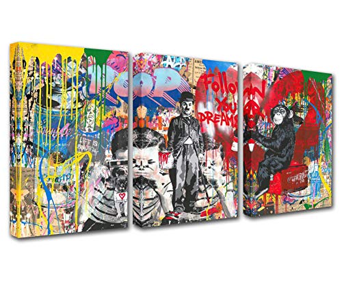 Walarky 3 Stück Graffiti Affe Kunst Banksy Leinwandkunst für Wohnzimmer Dekor Chaplin Bild Druck Pop Art Küche Wanddekoration Abstrakte Kunstwerk Wohnkultur Zimmer Wandbilder 106 x 50 cm von Walarky