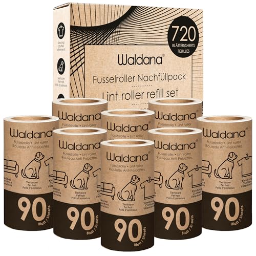 Waldana 8X Ersatz Fusselrolle je 90 Blatt (720 Blätter) Fusselrollen Tierhaare Kleidung Flusenroller Lint Roller Kleiderroller Tierhaar Katzenhaar Hundehaar von Waldana